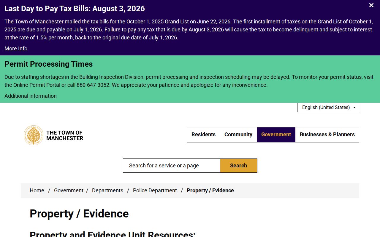Manchester County arrest records property evidence release