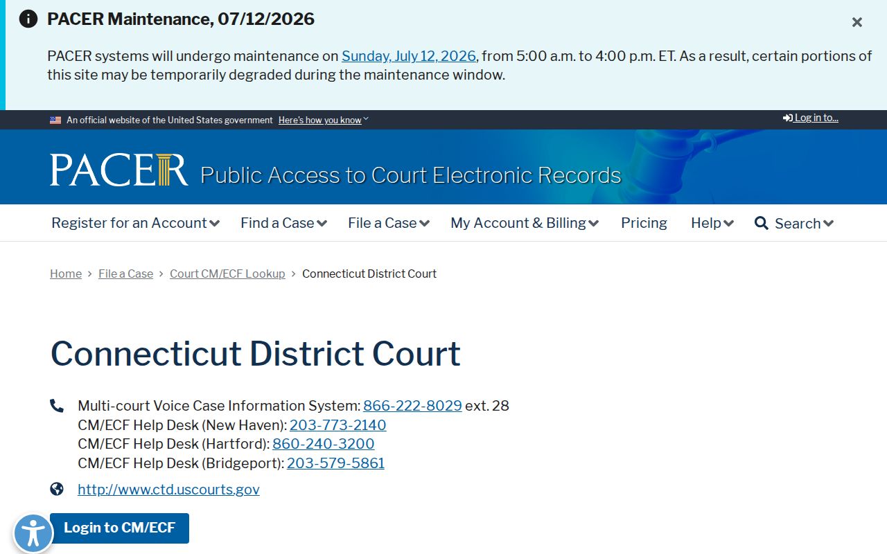 Manchester court dockets District of Connecticut CM ECF lookup